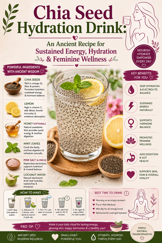 Glass jar of chia seed hydration drink with lemon slices and raw honey for women's natural hydration and sustained energy