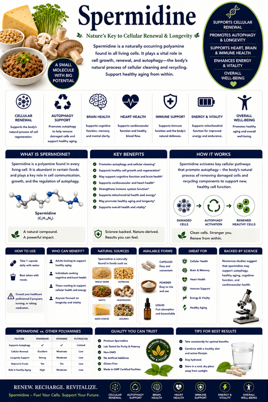 Spermidine supplement capsules with wheat germ, mushrooms, and longevity-support imagery promoting healthy aging and cellular wellness.