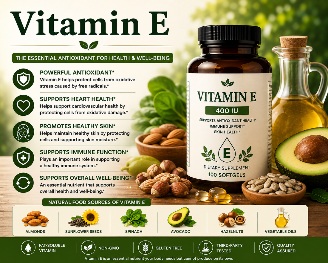 Vitamin E supplement softgels with almonds, sunflower seeds, and avocados supporting antioxidant protection, skin health, and overall wellness.