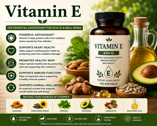 Vitamin E supplement softgels with almonds, sunflower seeds, and avocados supporting antioxidant protection, skin health, and overall wellness.