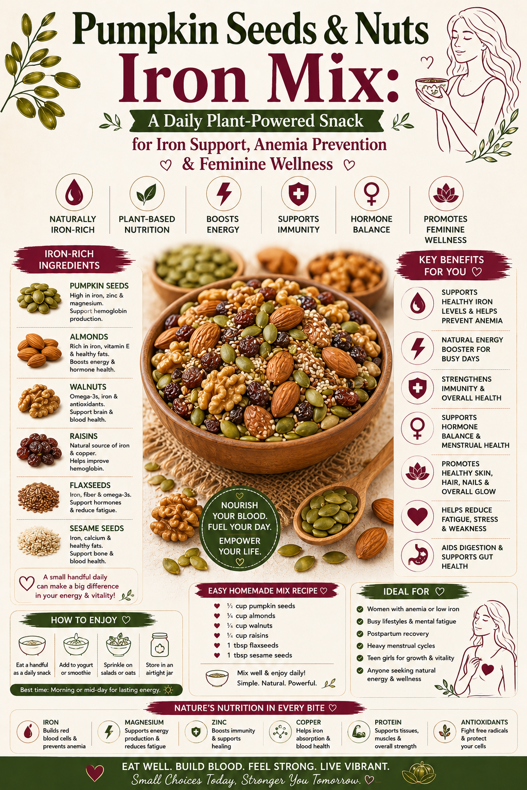 pumpkin seeds, cashews, almonds, and dried fruit mix on a wooden board as a natural iron-rich snack for women's wellness