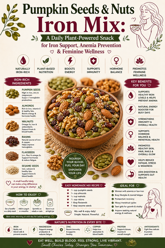 pumpkin seeds, cashews, almonds, and dried fruit mix on a wooden board as a natural iron-rich snack for women's wellness