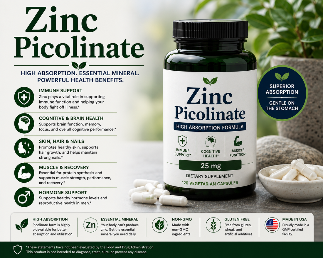Zinc Picolinate supplement capsules with pumpkin seeds and healthy foods supporting immune health, skin wellness, wound healing, and overall wellness.