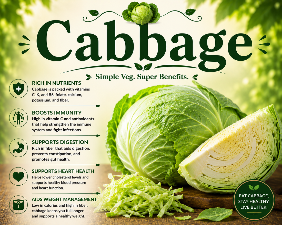 Fresh green and red cabbage showcasing their fiber, vitamin C, antioxidants, cruciferous vegetable benefits, and wellness-supporting nutritional properties.