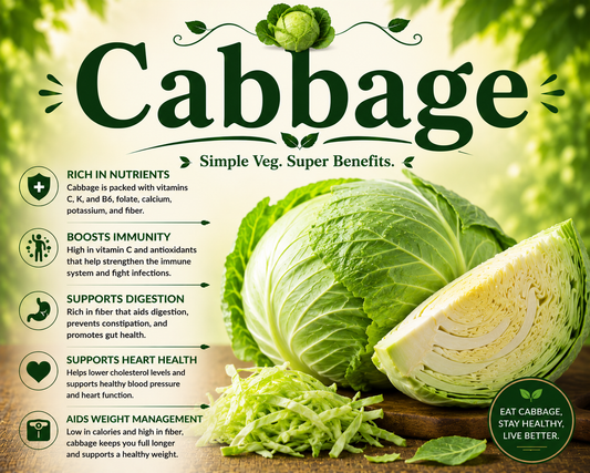 Fresh green and red cabbage showcasing their fiber, vitamin C, antioxidants, cruciferous vegetable benefits, and wellness-supporting nutritional properties.