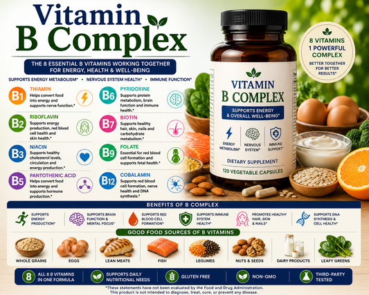 Vitamin B Complex supplement capsules supporting energy production, metabolism, brain health, nervous system function, and overall wellness.