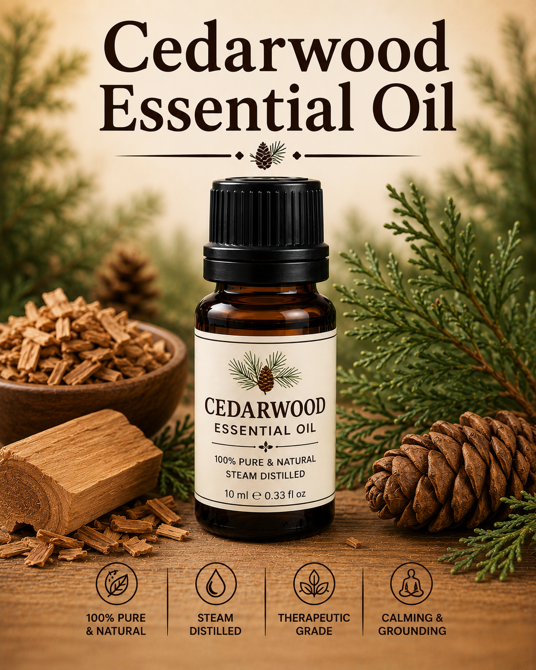 Cedarwood essential oil bottle with cedar tree branches and wood showcasing its warm woody aroma, natural aromatic compounds, aromatherapy applications, and wellness-supporting benefits.