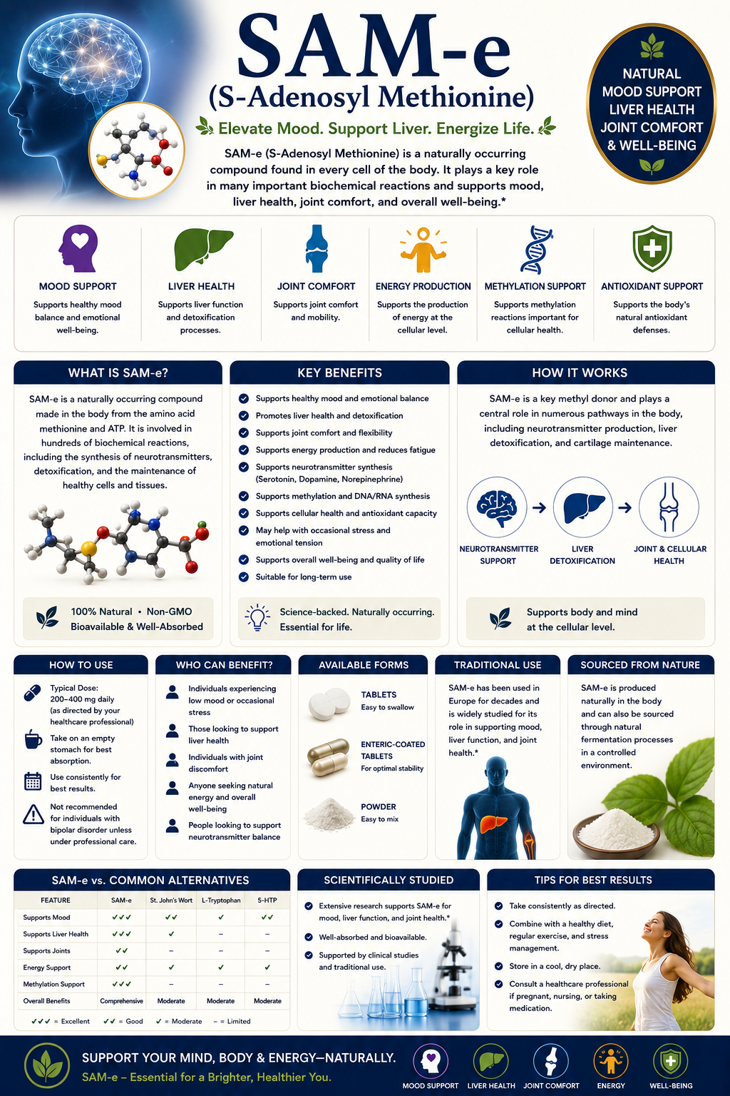 SAM-e supplement tablets supporting mood wellness, joint health, liver function, cognitive wellness, and healthy aging.
