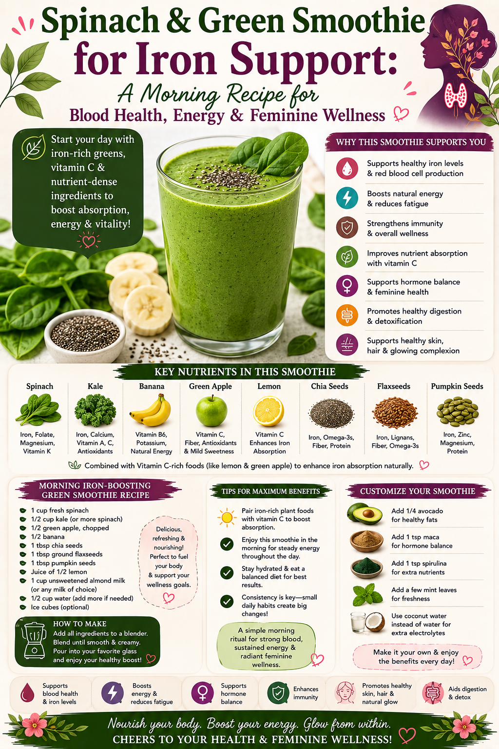 Green spinach smoothie with banana, pineapple chunks, and chia seeds in a glass jar for women's iron support and wellness