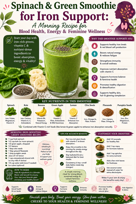 Green spinach smoothie with banana, pineapple chunks, and chia seeds in a glass jar for women's iron support and wellness