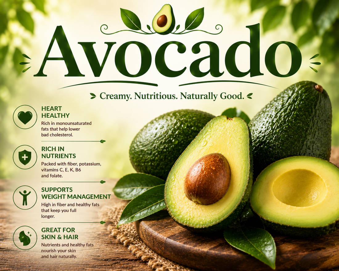 Fresh ripe avocados cut in half showing their creamy texture, healthy fats, fiber, potassium, and wellness-supporting nutritional benefits.