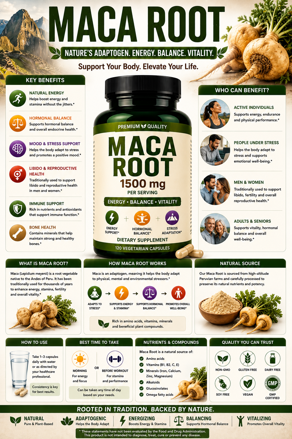 Maca Root powder and capsules supporting energy, stamina, hormonal wellness, vitality, and healthy aging.