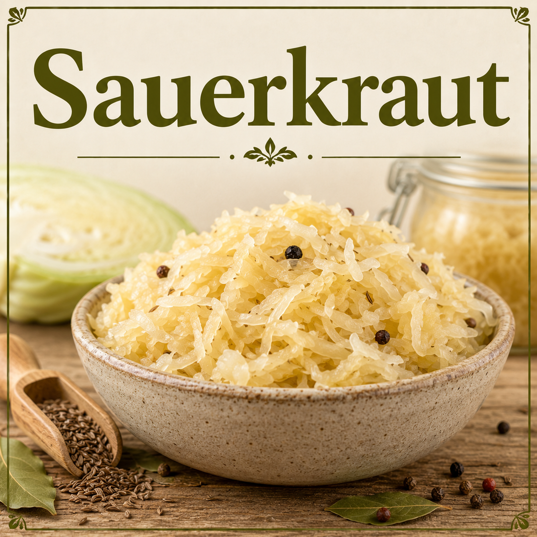 Fresh sauerkraut made from fermented cabbage showcasing its fiber, vitamins, minerals, fermentation compounds, and wellness-supporting nutritional benefits.