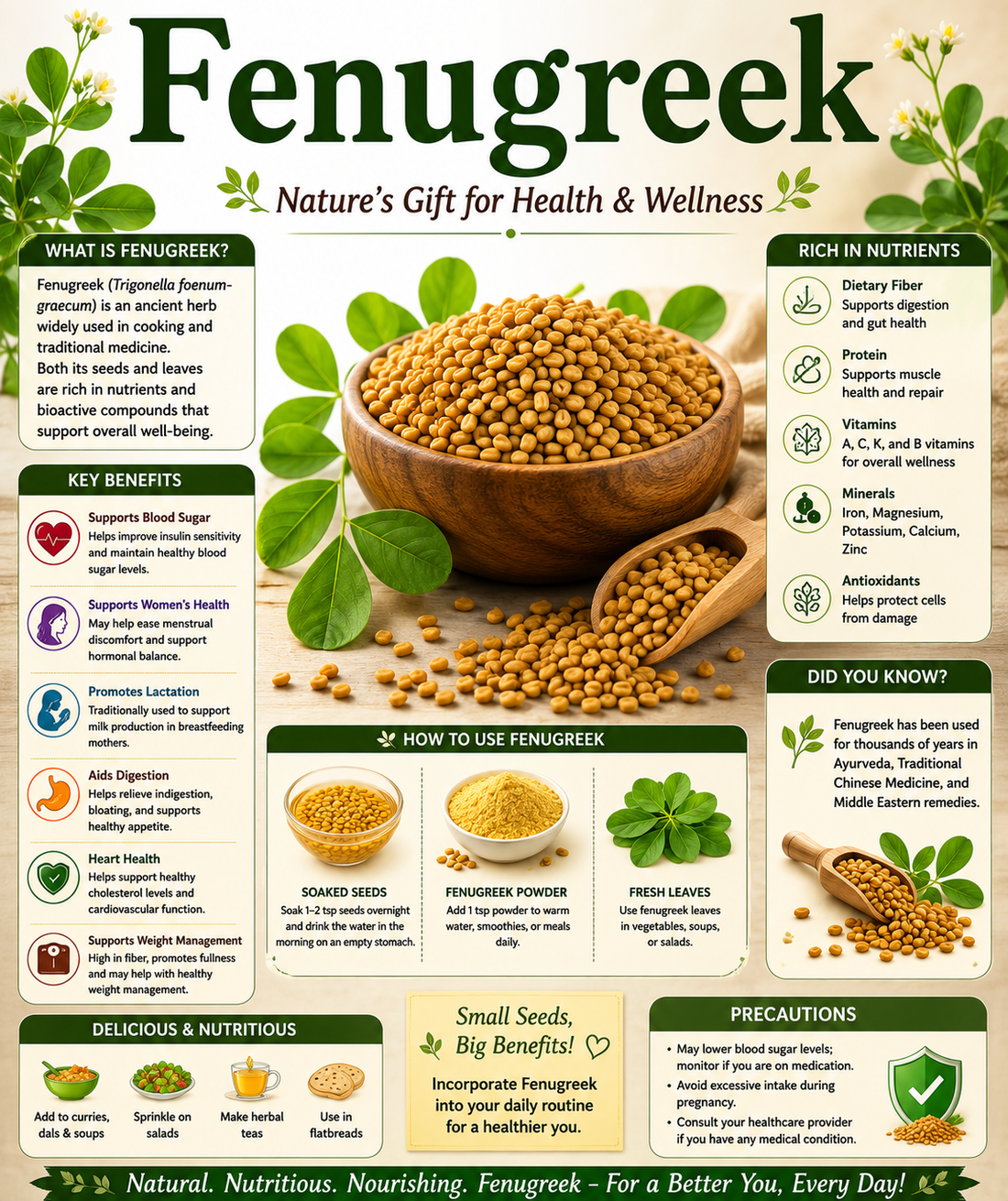 Fenugreek seeds, capsules, and herbal supplements supporting digestive health, women's wellness, metabolic support, and healthy aging.