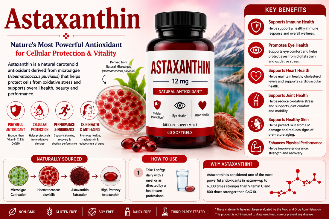Astaxanthin supplement softgels supporting antioxidant protection, skin health, eye wellness, exercise recovery, and healthy aging.