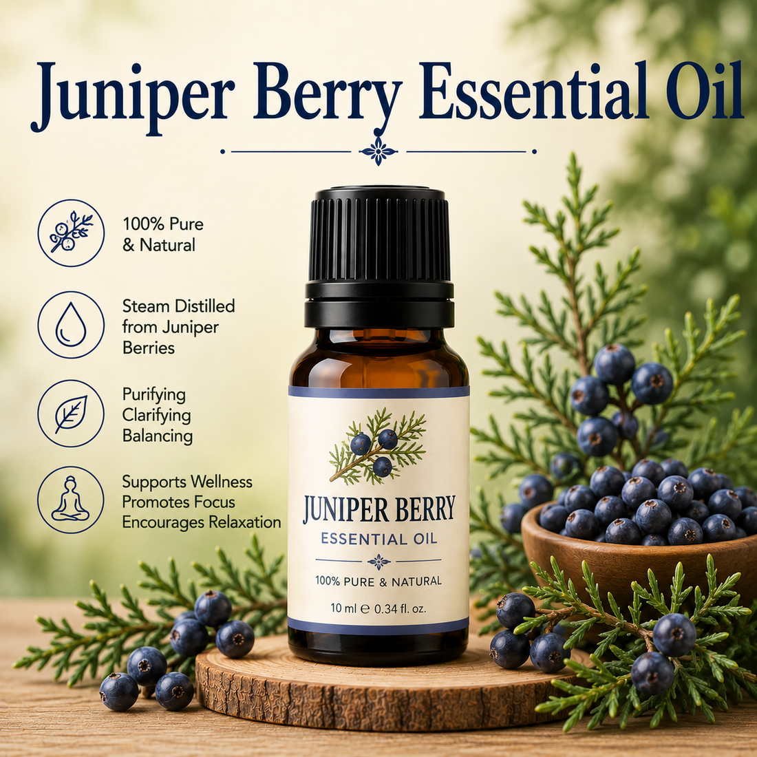 Juniper berry essential oil bottle with ripe juniper berries and evergreen branches showcasing its fresh woody aroma, natural aromatic compounds, aromatherapy applications, and wellness-supporting benefits