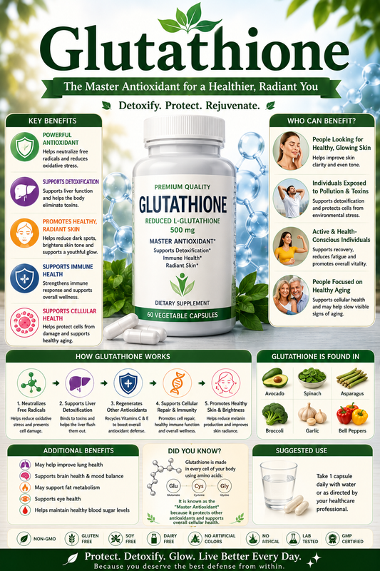 Glutathione supplement capsules with antioxidant and wellness imagery supporting liver health, immune function, skin wellness, and healthy aging.