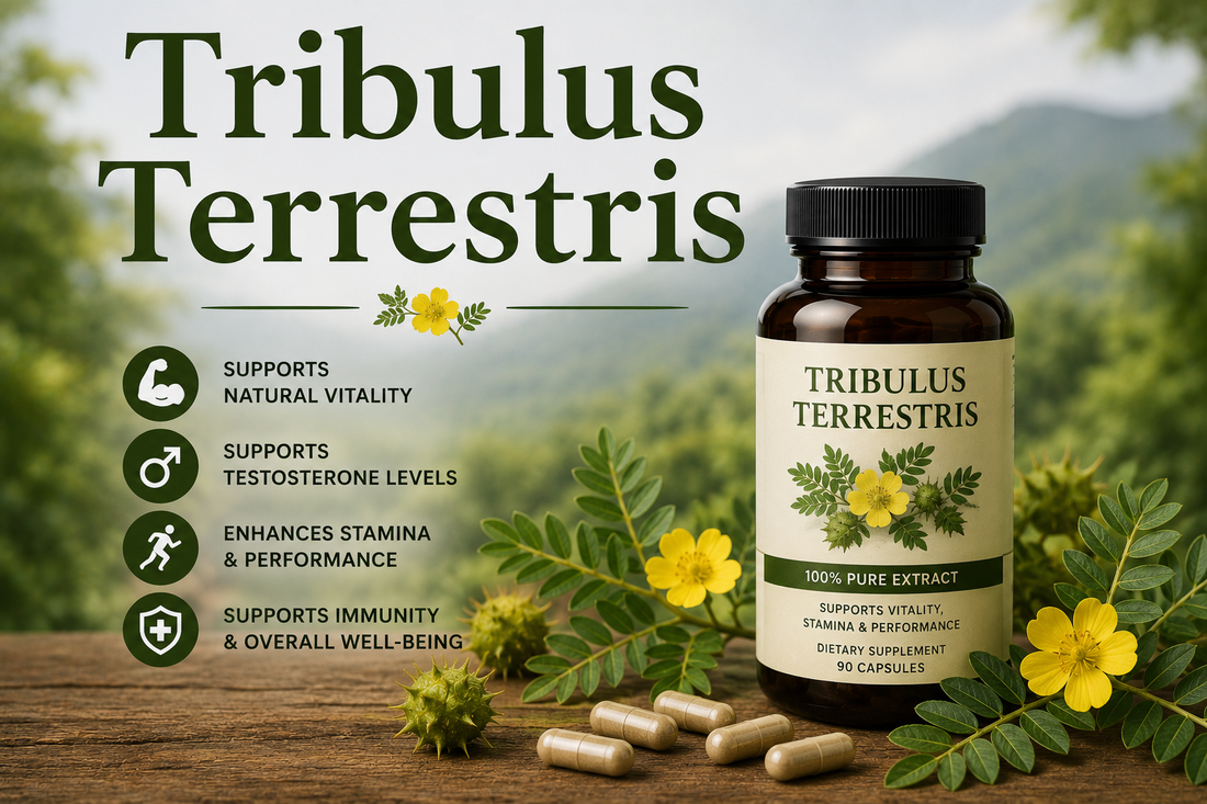 Tribulus Terrestris herbal supplement capsules supporting vitality, energy, athletic performance, men's health, and overall wellness.