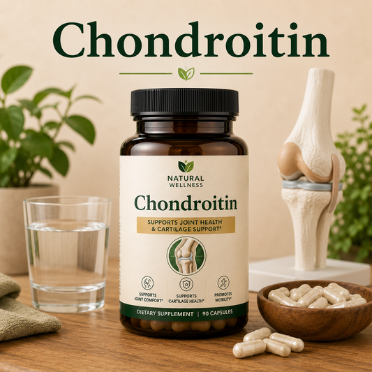 Chondroitin capsules with a joint wellness background highlighting cartilage support, mobility, flexibility, and healthy aging benefits.