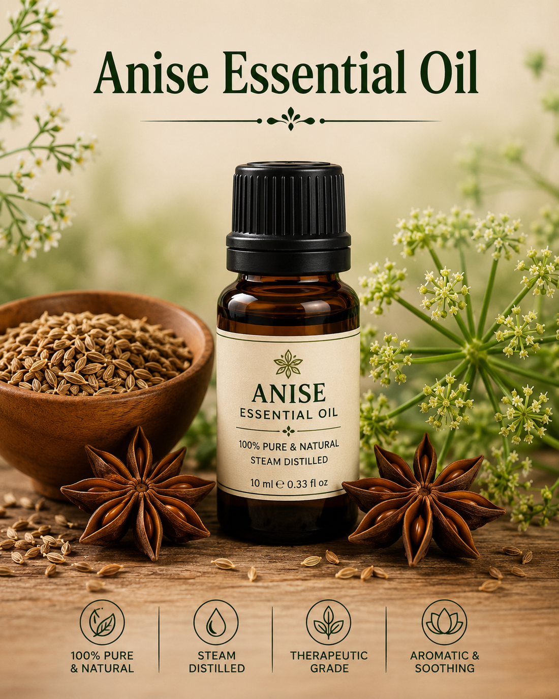 Anise essential oil bottle with anise seeds showcasing its sweet licorice aroma, aromatic compounds, aromatherapy applications, and wellness-supporting benefits.