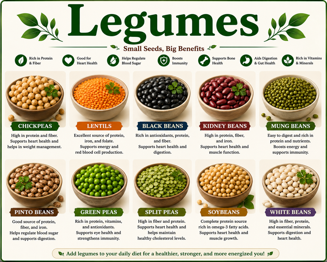 Assortment of legumes including black beans, kidney beans, chickpeas, lentils, peas, and soybeans displayed in bowls, highlighting their plant protein, fiber, vitamins, minerals, and overall wellness benefits.