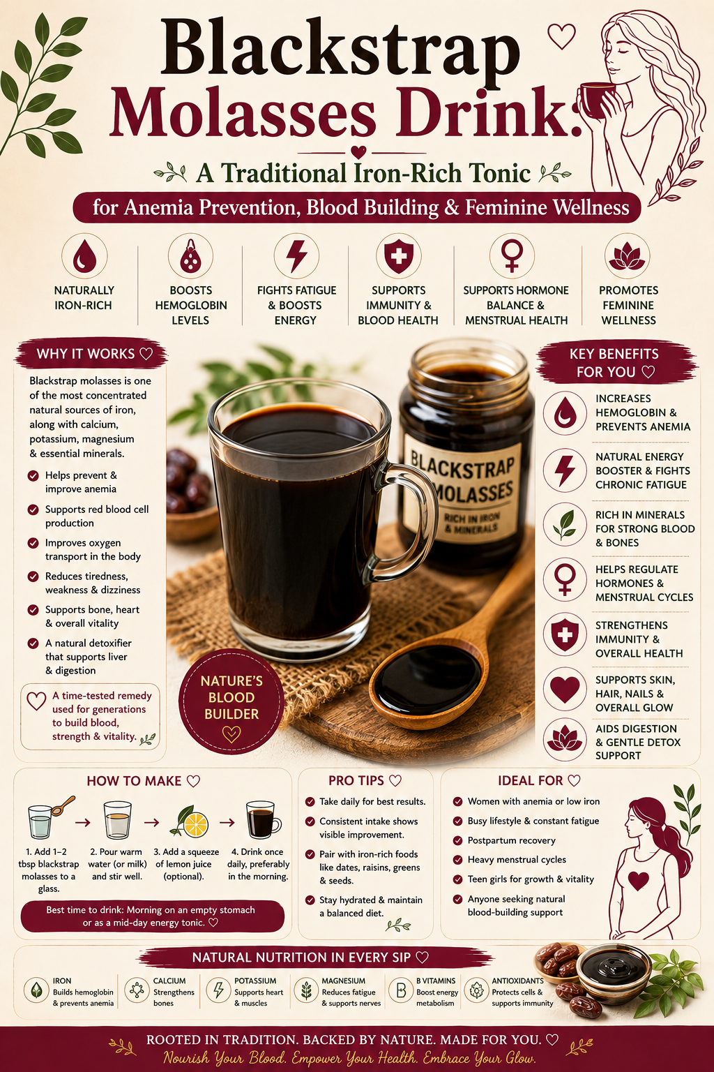 Mug of warm blackstrap molasses drink with lemon and cinnamon on a wooden tray for natural iron support and women's wellness