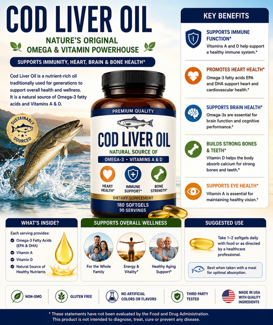 Cod Liver Oil softgels with cod fish and healthy heart imagery supporting omega-3 intake, immune wellness, bone health, eye health, and healthy aging.