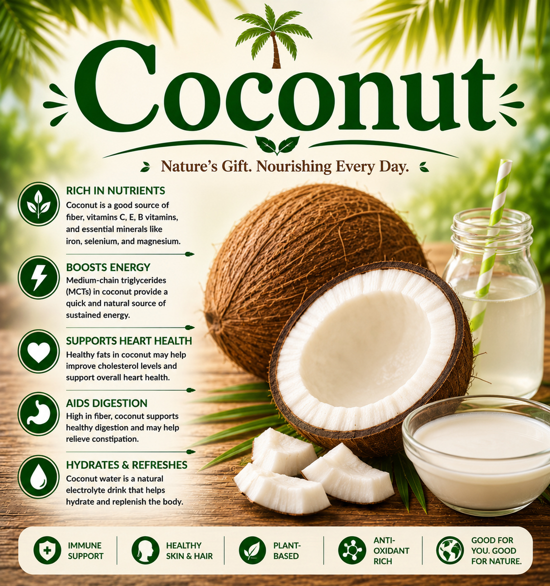 Fresh coconut halves with coconut water and coconut flesh showcasing their healthy fats, fiber, minerals, and wellness-supporting nutritional benefits.