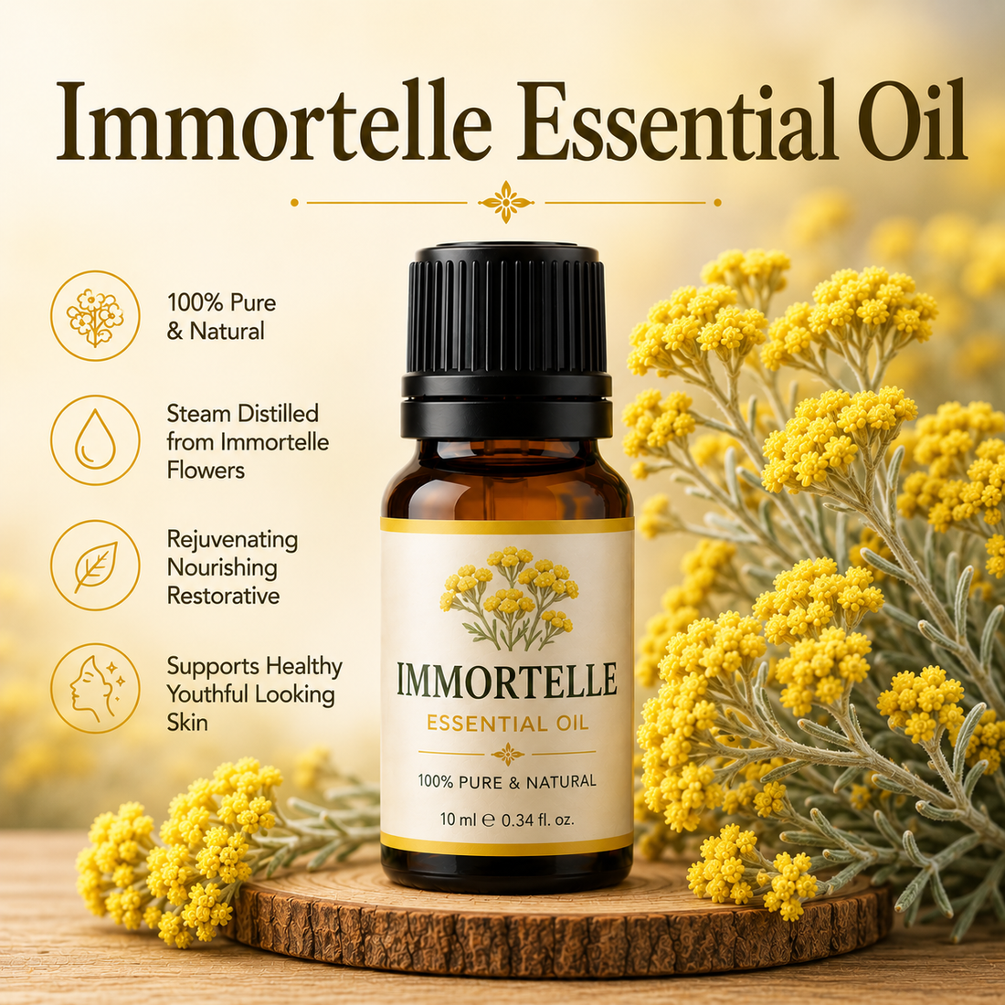 Immortelle essential oil bottle with golden everlasting flowers showcasing its rich floral aroma, natural aromatic compounds, aromatherapy applications, and wellness-supporting benefits.