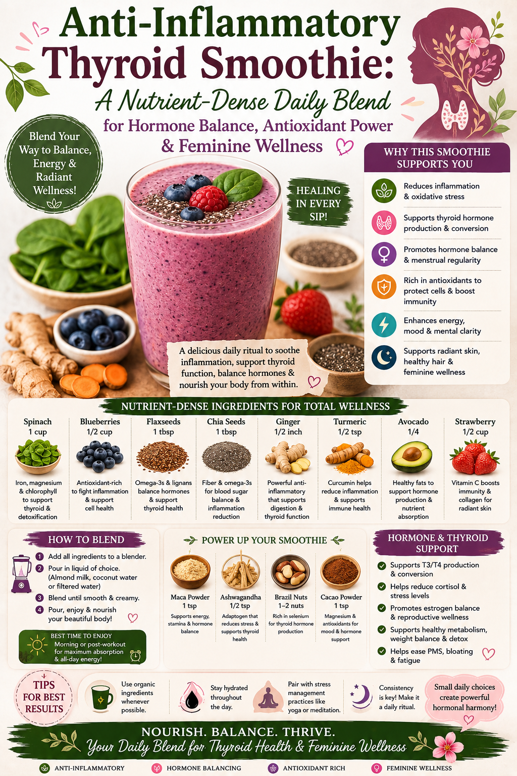 Deep purple blueberry spinach chia smoothie in a tall glass with fresh blueberries for natural thyroid and anti-inflammatory support