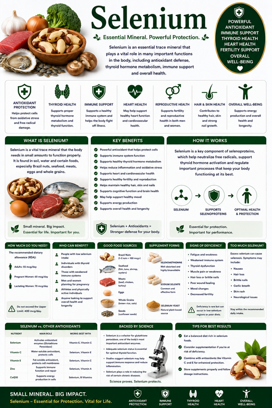 Selenium supplement capsules with Brazil nuts and seafood supporting thyroid health, immune wellness, and antioxidant protection.