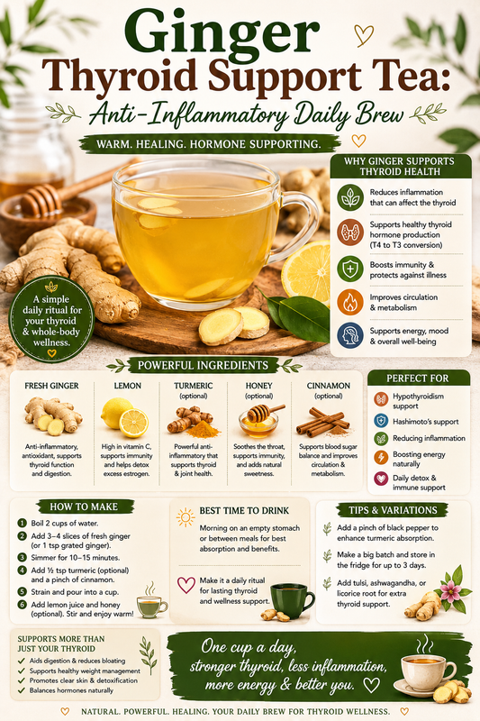 Steaming mug of fresh ginger thyroid support tea with lemon slices and honey on a wooden tray