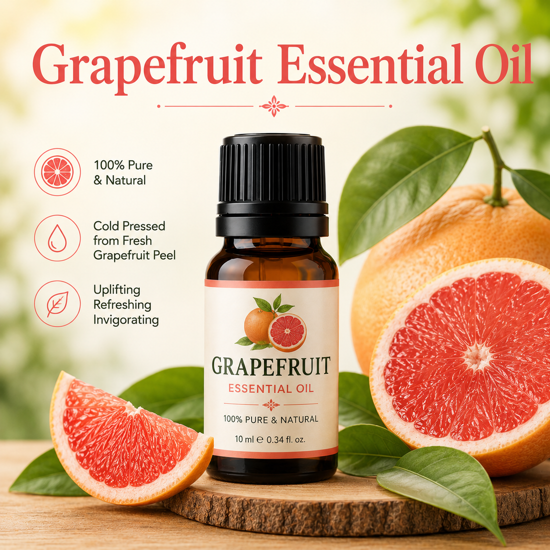 Grapefruit essential oil bottle with fresh pink grapefruit slices showcasing its bright citrus aroma, natural aromatic compounds, aromatherapy applications, and wellness-supporting benefits.