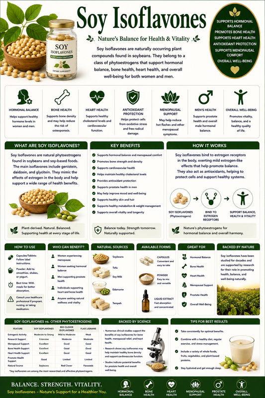 Soy Isoflavone supplement capsules with soybeans and tofu supporting menopause wellness, bone health, and healthy aging.