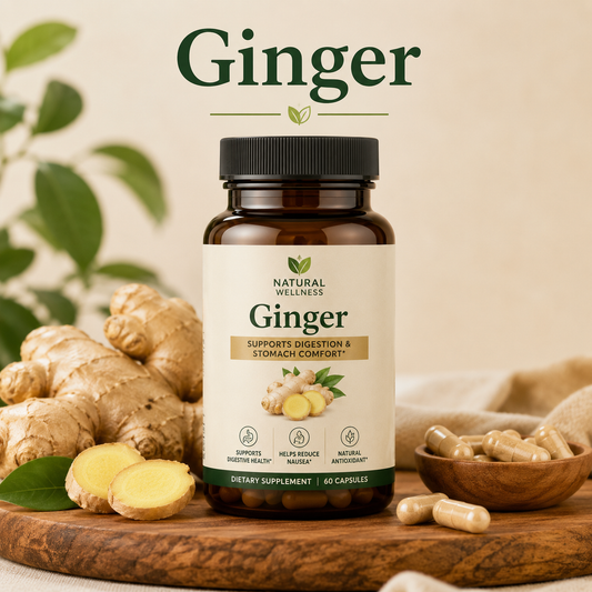 Fresh ginger root and ginger supplement capsules highlighting digestive support, gingerol compounds, nausea support, and natural wellness benefits.