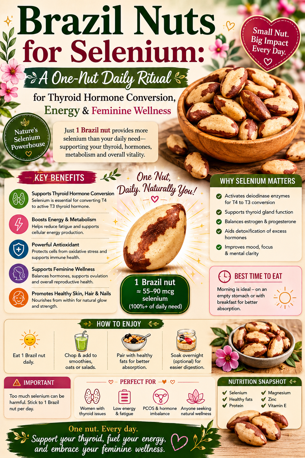 Three raw Brazil nuts on a wooden surface for natural selenium thyroid support and hormone balance