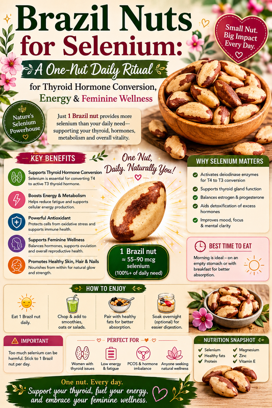 Three raw Brazil nuts on a wooden surface for natural selenium thyroid support and hormone balance