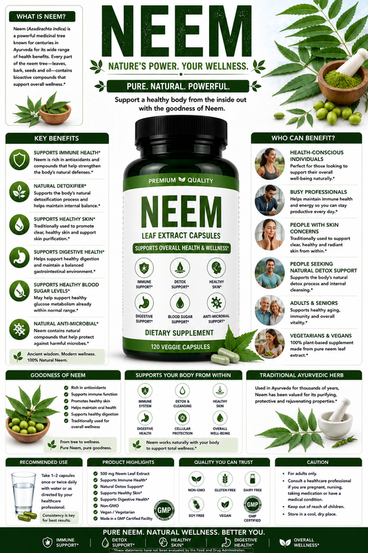 Neem leaves, Neem capsules, and Neem powder supporting skin health, immune wellness, antioxidant protection, and healthy aging