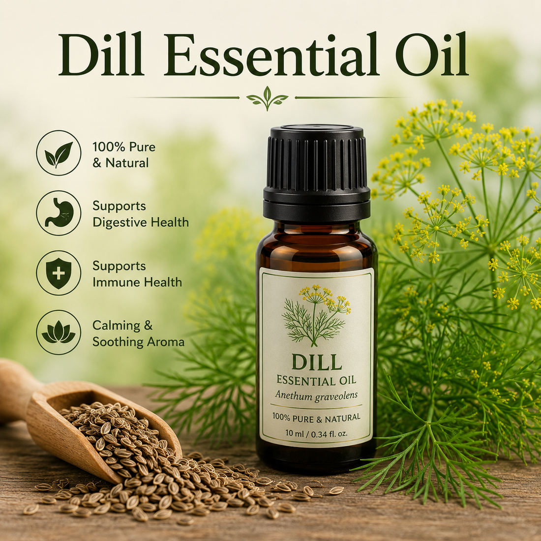 Dill essential oil bottle with fresh dill leaves and dill seeds showcasing its herbaceous aroma, natural aromatic compounds, aromatherapy applications, and wellness-supporting benefits.