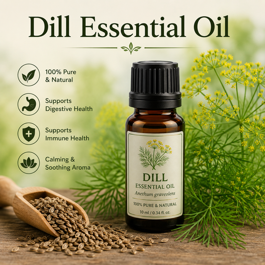 Dill essential oil bottle with fresh dill leaves and dill seeds showcasing its herbaceous aroma, natural aromatic compounds, aromatherapy applications, and wellness-supporting benefits.