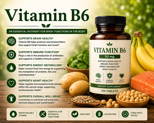 Vitamin B6 supplement capsules with bananas, fish, and potatoes supporting brain health, metabolism, immune function, and nervous system wellness.