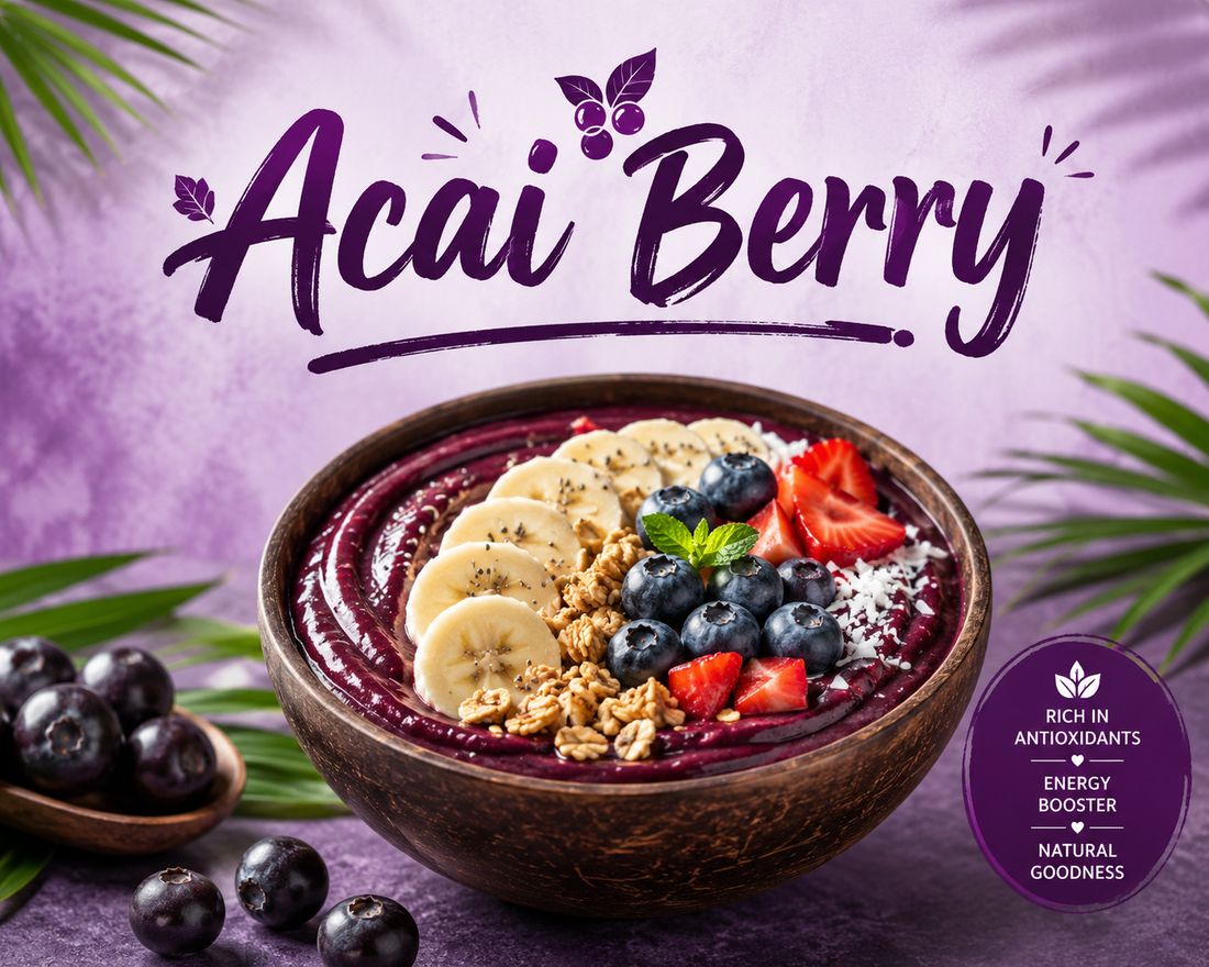 Fresh acai berries and a vibrant acai smoothie bowl topped with berries, seeds, and nuts, highlighting the nutrition, antioxidants, and wellness benefits of acai berry.