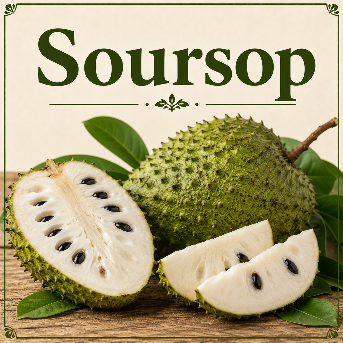 Fresh soursop fruit showcasing its vitamin C, fiber, antioxidants, tropical flavor, minerals, and wellness-supporting nutritional benefits.