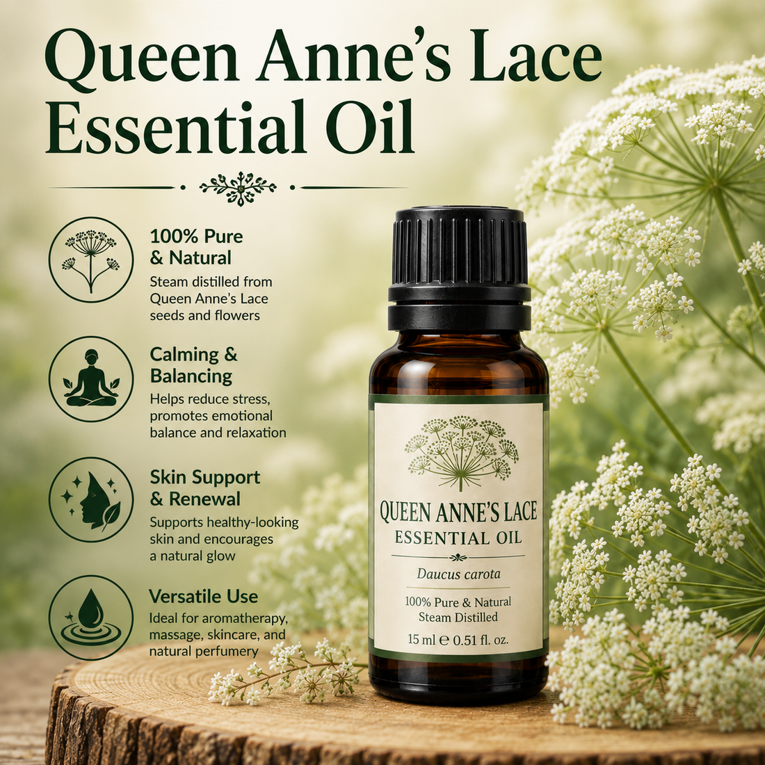 Queen Anne's Lace essential oil bottle with delicate white wild carrot flowers showcasing its earthy herbal aroma, natural aromatic compounds, aromatherapy applications, and wellness-supporting benefits.