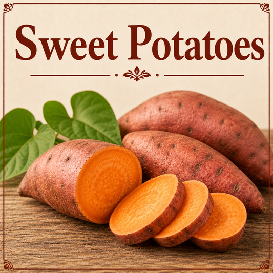 Fresh sweet potatoes showcasing their vitamin A, beta-carotene, fiber, antioxidants, minerals, and wellness-supporting nutritional benefits.