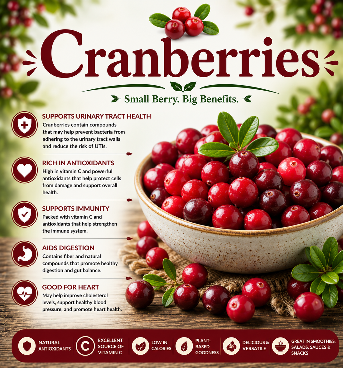 Fresh red cranberries showcasing their antioxidants, vitamin C, fiber, beneficial plant compounds, and wellness-supporting nutritional benefits.