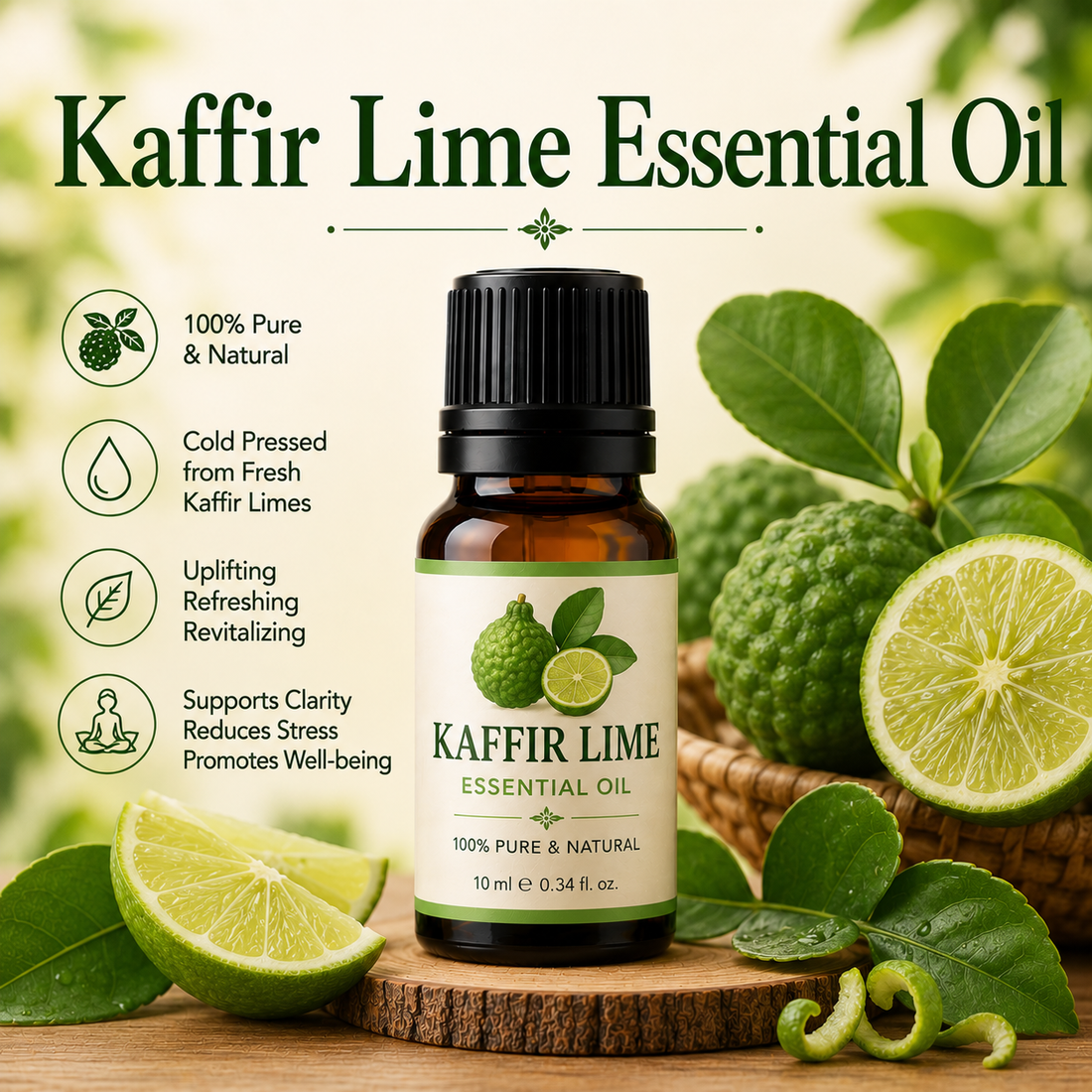 Kaffir lime essential oil bottle with fresh kaffir lime fruits and leaves showcasing its bright citrus aroma, natural aromatic compounds, aromatherapy applications, and wellness-supporting benefits.