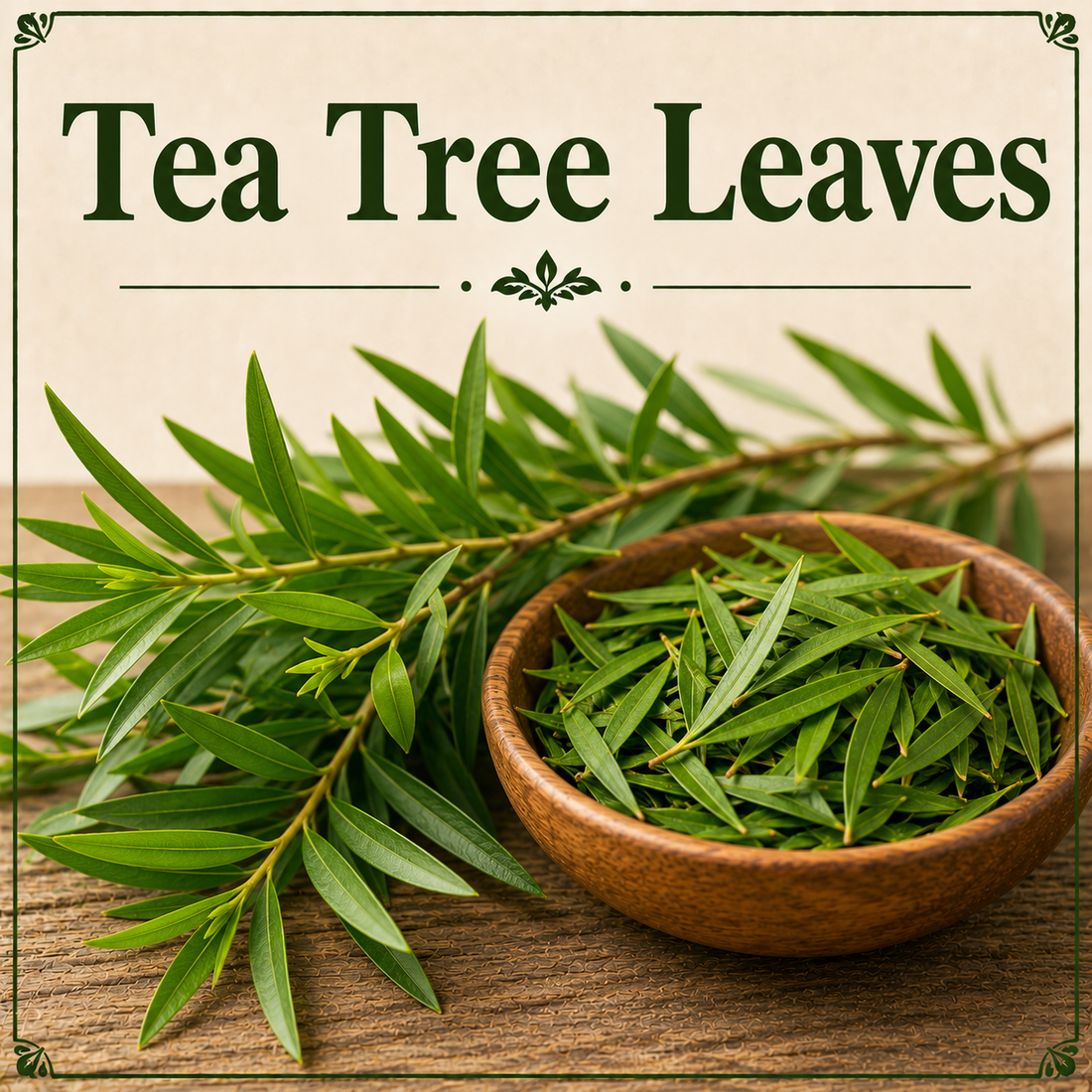 Fresh tea tree leaves showcasing their aromatic plant compounds, botanical heritage, and role as the natural source of tea tree essential oil.