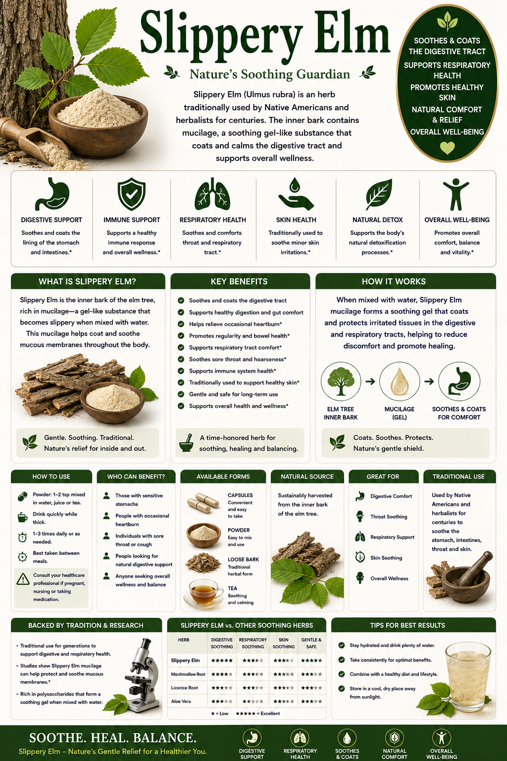 Slippery Elm bark, tea, and supplement capsules supporting digestive health, gut wellness, and throat comfort.