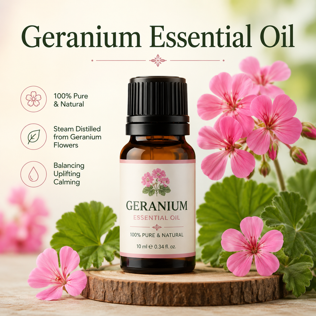 Geranium essential oil bottle with pink geranium flowers showcasing its sweet floral aroma, natural aromatic compounds, aromatherapy applications, and wellness-supporting benefits.